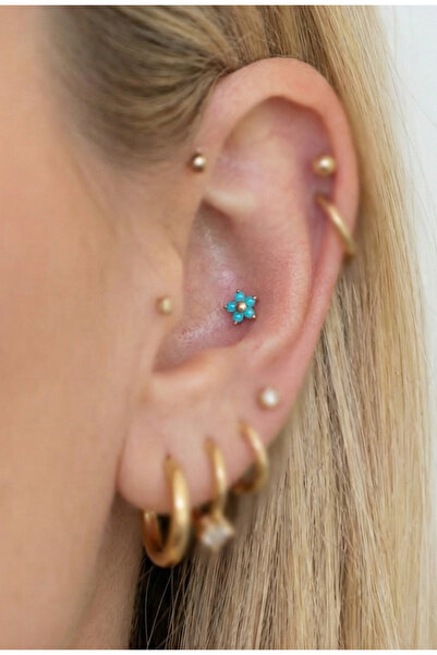 Aktemur Silver 925 Ayar Gümüş Zirkon Taşlı Mavi Çiçek Tragus Helix Piercing