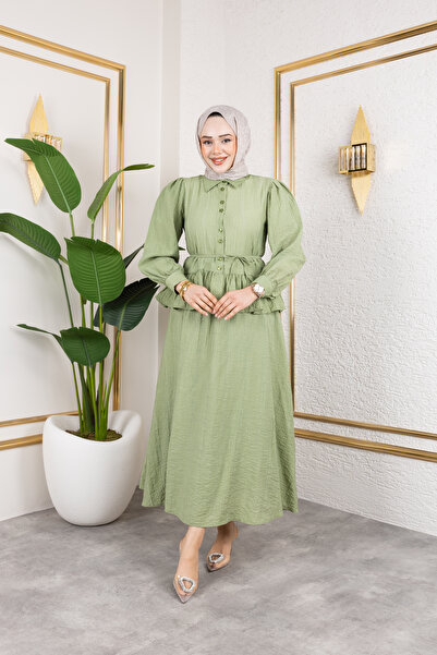 ensade Women's Hijab Skirt Suit Buttoned Waist Tie Long Skirt Blouse Set