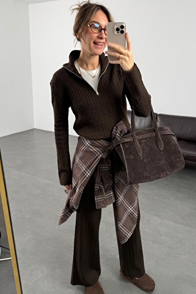 5in1Canpolat Dark Brown Hair Braided Knitwear Set 251019