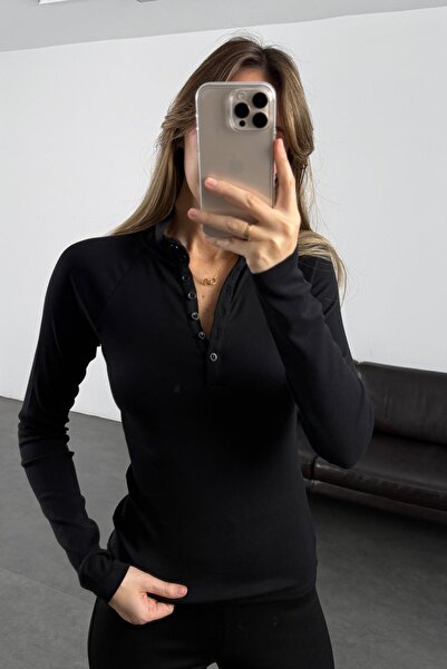 5in1Canpolat Black Half Buttoned Mock Neck Blouse 17267