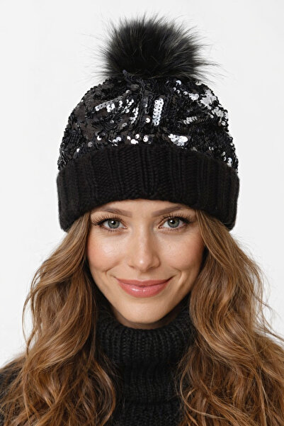 laviyonsa Double-Layer Knitted Beanie with Sequins and Sequins