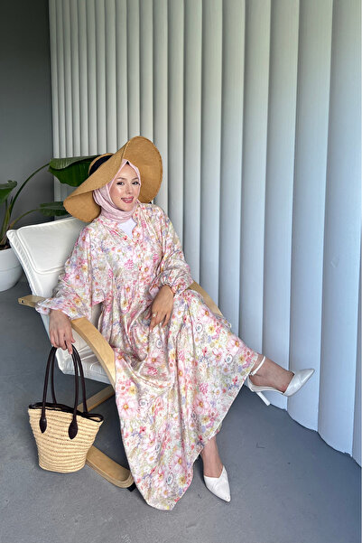 Nsade Ensade Women's Hijab Dress with Glitter Pattern, Buttoned Long Dress, Comfortable Fit