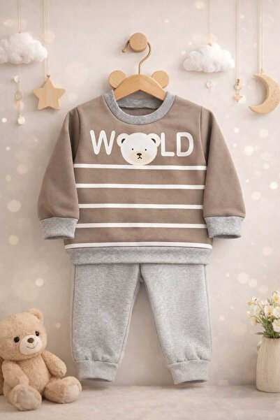 krm kerem bebe Thick Fleece Inside Striped Teddy Bear B Printed Baby Boy-Child Set