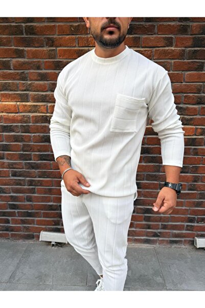 Combineman35 طقم عثماني مكون من قطعتين - سويت شيرت أبيض وبنطلون أبيض