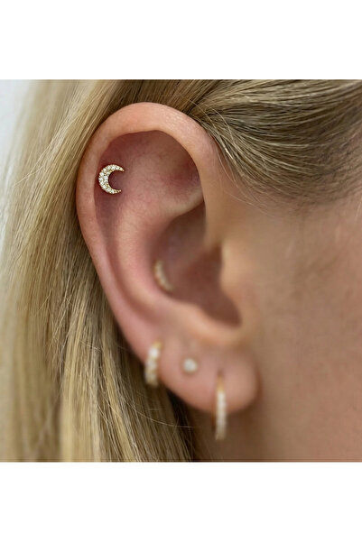 Aktemur Silver 925 Ayar Gümüş Zirkon Taşlı Hilal Tragus Helix Piercing