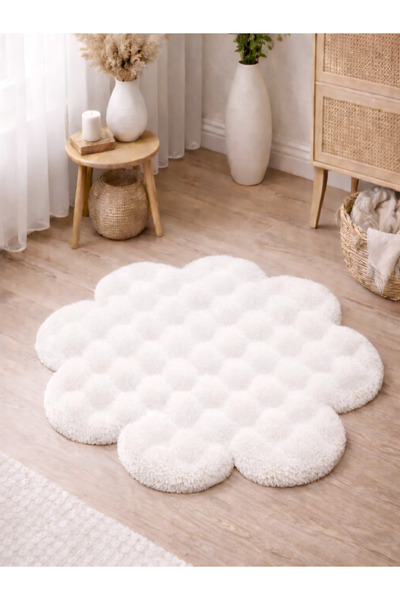 Paco Home Yonca Desenli Buble Beyaz Halı Yumuşak Salon Halısı Modern Minimali...