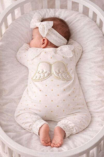 İZYALİF BABY Baby Girl Angel Winged Romper with Headband 100% Cotton Lace Detail