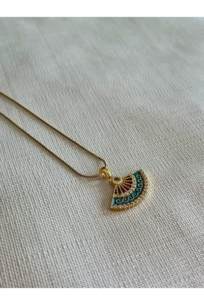 D&Z ACCESSORİES Vintage Gold Chain Steel Fan Necklace - Blue Fan Necklace - Italian Chain