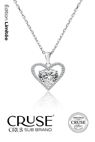 Cruse 925 Ayar Gümüş İç İçe Kalp Taşlı Kolye 18 Ayar Beyaz Altın Kaplama