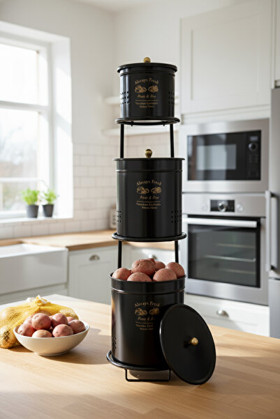 Doğa Dizayn Patates Soğan Sarımsak Saklama Seti Siyah – 3 Katlı Metal Sebzeli...