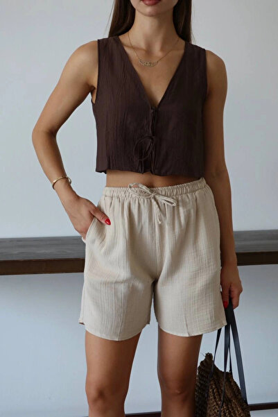 Ethab Ticaret Muslin fabric shorts with laces beige pt