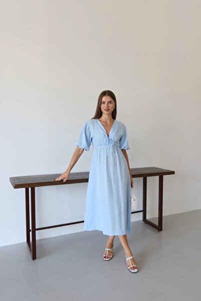 Ethab Ticaret Short-Sleeved Muslin Dress Blue Pt