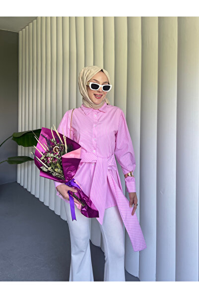 Nsade Ensade Women's Striped Shirt Waist-Tied Asymmetric Cut Long Sleeve Shirt