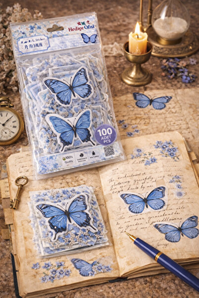 hediyeofisi Gift Office 100-Piece Transparent Sticker – Purple Flower Butterfly Set for Vintage Bullet Journal & Scrapbook