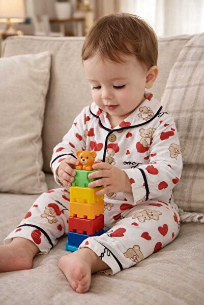 bubiee baby Teddy Bear and Red Heart Printed Children's Pajama Set Buttoned D...