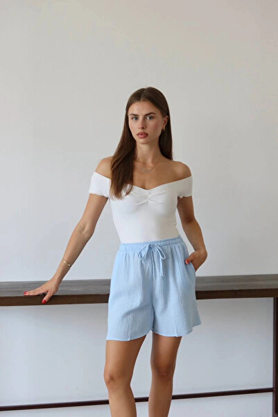 Ethab Ticaret Muslin fabric shorts with laces in blue pt.