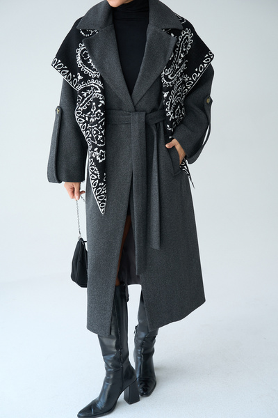 LOOSH Kadın Antrasit Kruvaze Yaka Kuşaklı Kaban