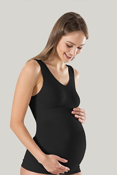 PERLMUTT Siyah Hamile Atleti | Kalın Askılı Dikişsiz | Nefes Alabilir ve Esne...