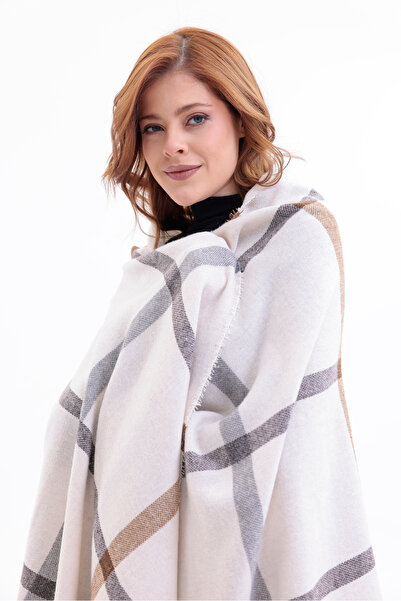 Mynoa Real Genuine Cashmere Women's Cream Plaid Pattern Shawl Scarf - Soft Cotton Weaving Never Do It