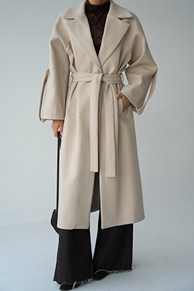 LOOSH Kadın Krem Kruvaze Yaka Kuşaklı Kaban