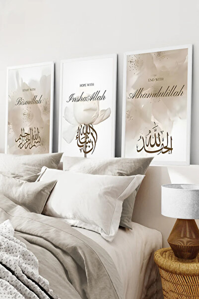 kutuTR Beyaz Çerçeveli 2D UV Baskı 3’lü MDF Tablo–Minimal Çiçek Desenli Duvar...