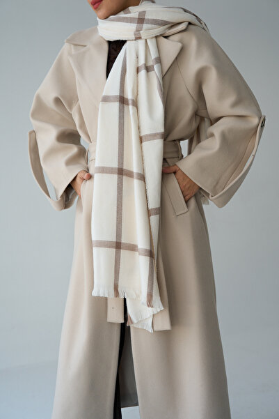 LOOSH Krem Ekose Desenli Püskül Detaylı Şal Atkı