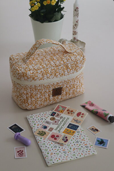 Tasarım Makyaj/ Kalemlik/ Organizer Çanta/ Sarı Çiçekli (23*14*11 cm)