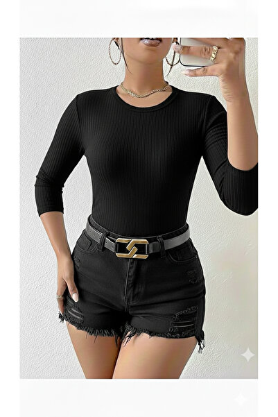 MaxiMor Bluză de damă cu mâneci capri de culoare neagră guler rotund din mate...