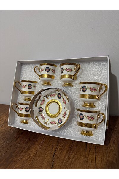Arya Vintage gold detaylı çiçekli 6 kişilik kahve fincanı