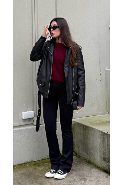 Orions Collection سترة إلفيرا قصة فضفاضة طويلة للنساء من الجلد الأسود