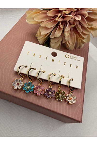 Yakemiyou Zircon Stone Colorful Flowers 6 Piece Steel Earring Set