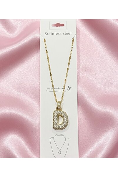 EFSU BİJUTERİ 316L Paslanmaz Çelik Gold Zirkon Taşlı D Balon Harf Kolye