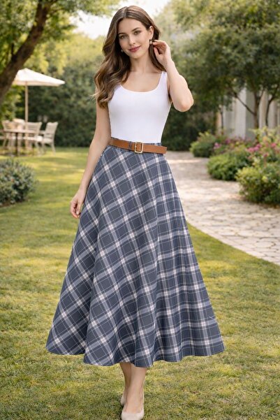 Mihvera Plaid Belted A-Line Midi Skirt