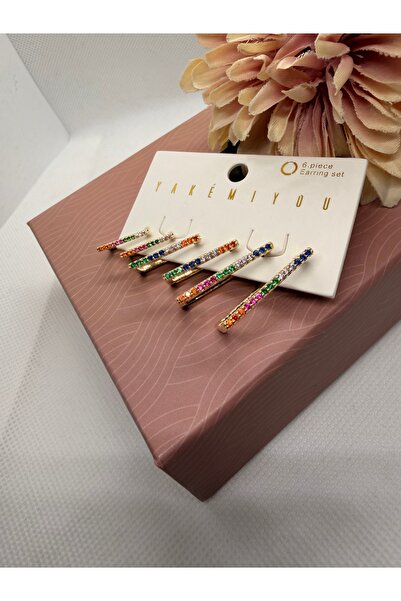 Yakemiyou Colorful Zircon Stone Rectangular Ring 6 Piece Steel Earring Set