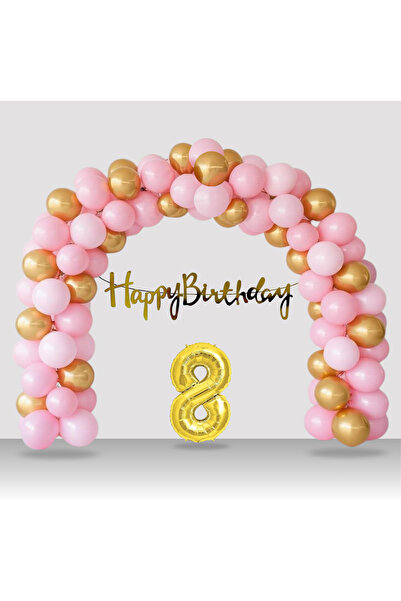 tedaks 8 Years Old Retro Gold Pink Balloon Happy Birthday Banner Gold Number ...