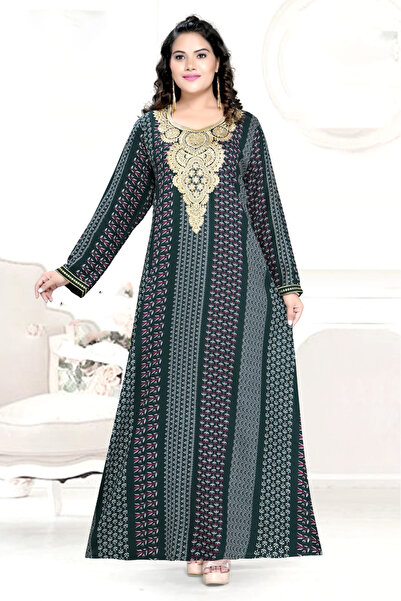 Zainah Rayon Viscose Casual Jalabiya - Full Print Maxi Dress with Intricate Neck Embroidery & Long Sleeves