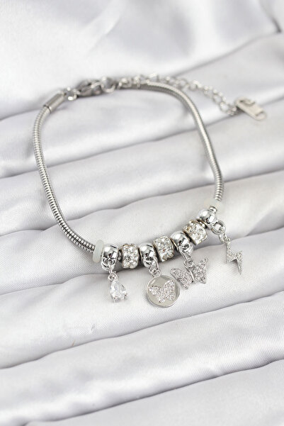 Lisinya سوار نسائي من النحاس باللون الفضي مع حلية على شكل فراشة - TYGOO