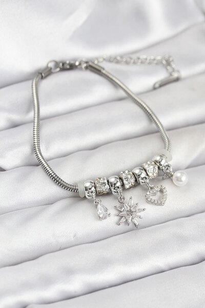 Lisinya سوار نسائي من النحاس باللون الفضي مع نجمة القطب وقلب - TYGOO