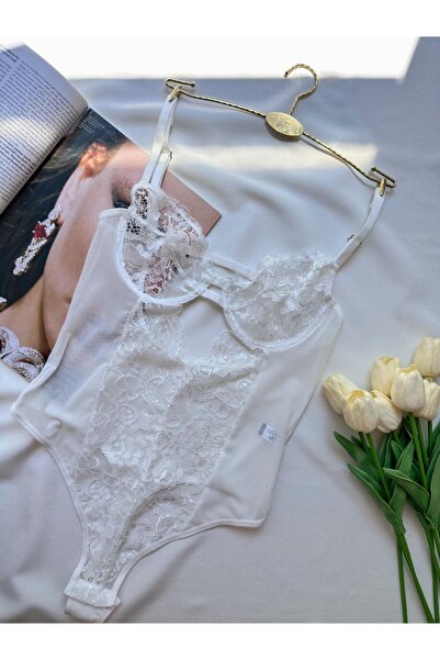 Beyaz Dantel Bodysuit Tulum İç Giyim