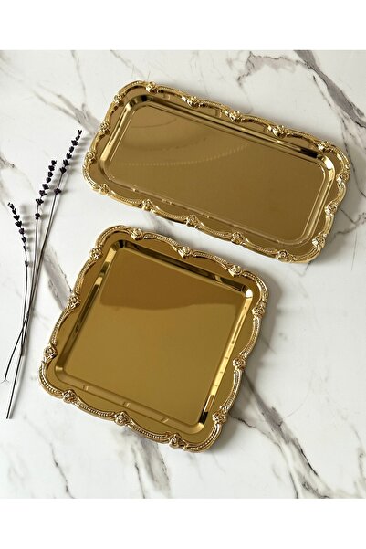 Melinda Fiore 2’li Gold-Gold / Kare - Dikdörtgen Çelik Çay Kahve Servis Sunum...