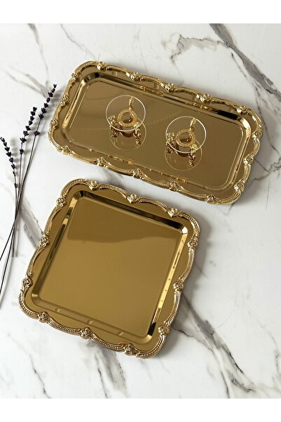 Melinda Fiore Gold-Gold /Kare-Dikdörtgen Söz Nişan Cam Set Çay Kahve Servis S...