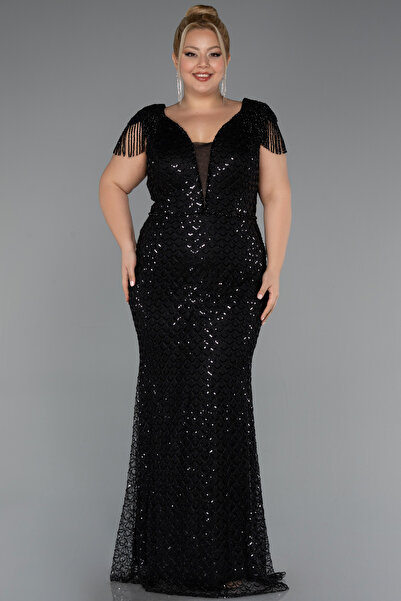 Abiyefon Siyah Boncuklu Kısa Kol V Yaka Uzun Büyük Beden Abiye ABU5367