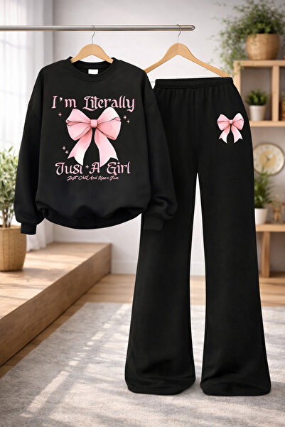 Kids Комплект от горна и долна част за момичета с щампа на панделка и крачоли...