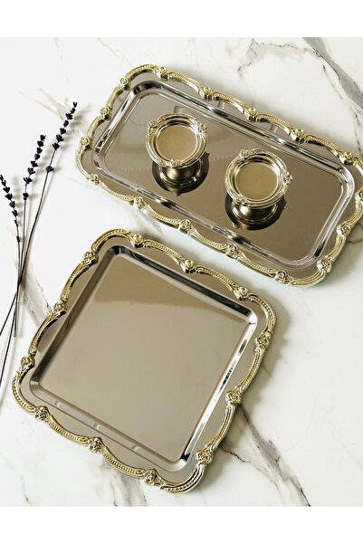 Melinda Fiore Gümüş-Gümüş /Kare - Dikdörtgen Söz Nişan Set Çay Kahve Servis S...