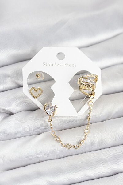 Lisinya Brass Gold Color Heart Model Chain Linked Ear Cuff Earring Set - Tygoo