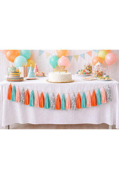 Partifabrik Декорация за рожден ден с пискюли, 20 броя, сребристо-ментово-роз...