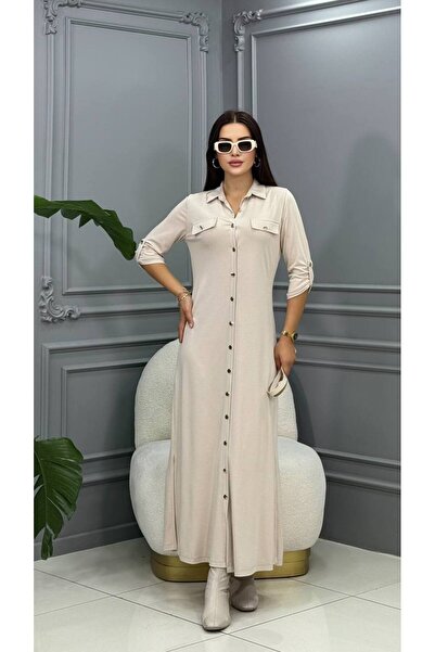 Cannes Linda Pocket Detailed Ecru Shirt Dress - Gold Buttons and Belt