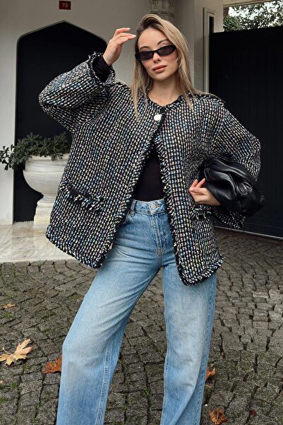 Swist سترة نسائية سوداء من التويد بزر واحد وجيبين