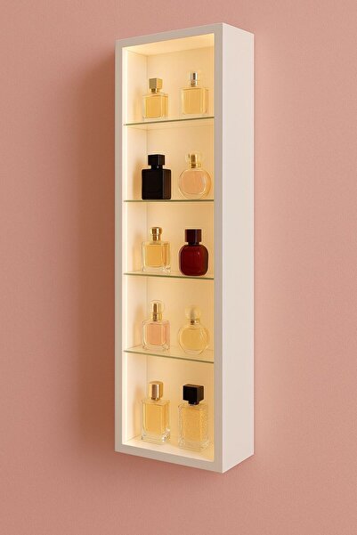 xhomedekor 80x 35x15 beyaz cam raflı led ışıklı vitrin