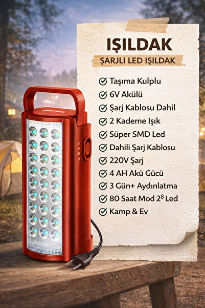 teknohome 24 LEDLİ Kamp Lambası USB 6V Akülü 80 Saat Aydınlatma 220v Şarj